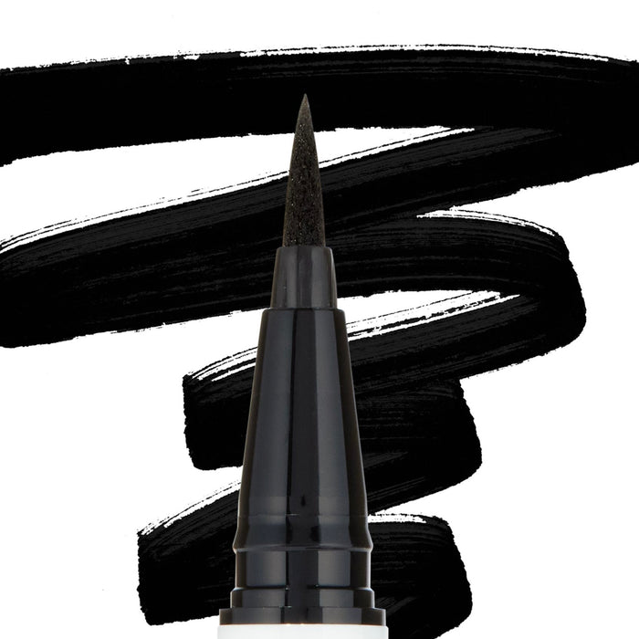 ColourPop BFF Liquid Liner Numero Uno drawing bold, jet‑black swatches, felt‑tip pen delivering precise, smudge‑resistant lines against a white backdrop, ideal for sharp wings and everyday definition.