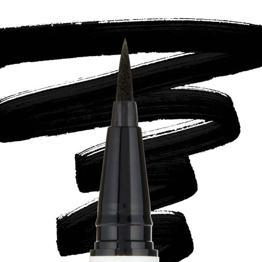 ColourPop BFF Liquid Liner Numero Uno drawing bold, jet‑black swatches, felt‑tip pen delivering precise, smudge‑resistant lines against a white backdrop, ideal for sharp wings and everyday definition.