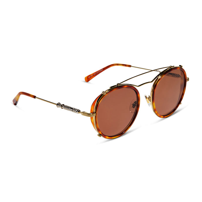 star wars x diff eyewear obi-wan round sunglasses with a desert tortoise acetate and gold metal frame and a brown polarized lenses angled view