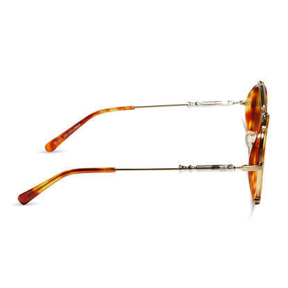 star wars x diff eyewear obi-wan round sunglasses with a desert tortoise acetate and gold metal frame and a brown polarized lenses side view
