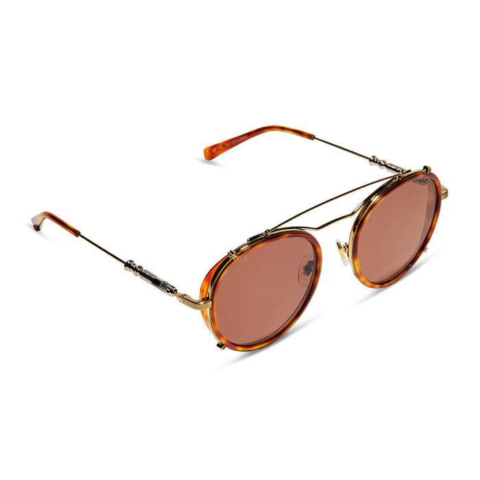 star wars x diff eyewear obi-wan round sunglasses with a desert tortoise acetate and gold metal frame and a brown polarized lenses detailed view