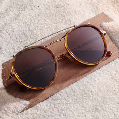 lifestyle - star wars x diff eyewear featuring the obi wan round sunglasses with a desert tortoise frame and brown polarized lenses