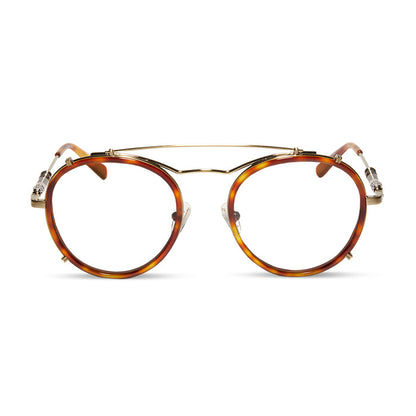 star wars x diff eyewear obi-wan round glasses with a desert tortoise acetate and gold metal frame with prescription lenses front view