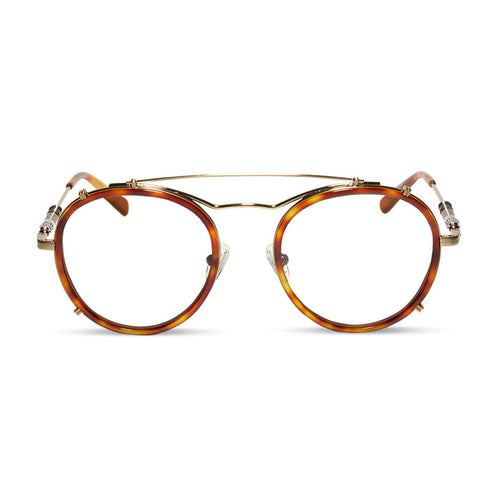 star wars x diff eyewear obi-wan round glasses with a desert tortoise acetate and gold metal frame with prescription lenses front view