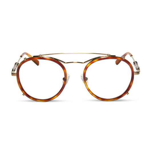 star wars x diff eyewear obi-wan round glasses with a desert tortoise acetate and gold metal frame with prescription lenses front view