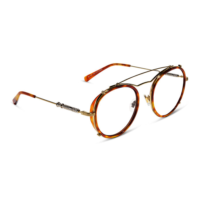 star wars x diff eyewear obi-wan round glasses with a desert tortoise acetate and gold metal frame with prescription lenses angled view