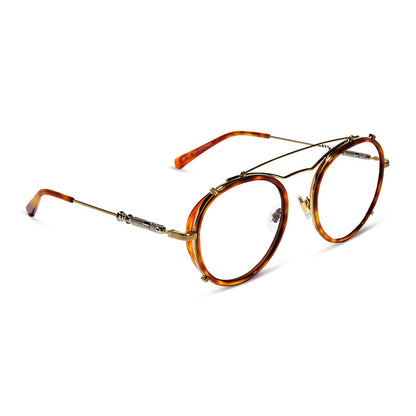 star wars x diff eyewear obi-wan round glasses with a desert tortoise acetate and gold metal frame with prescription lenses angled view