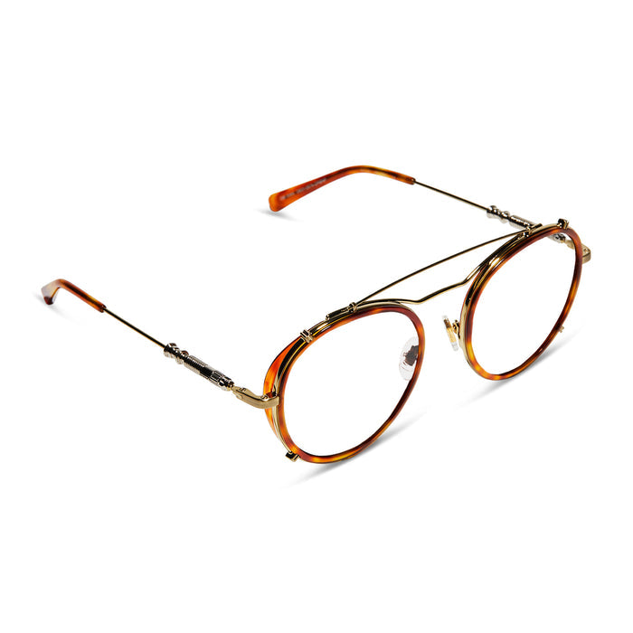 star wars x diff eyewear obi-wan round glasses with a desert tortoise acetate and gold metal frame with prescription lenses detailed view