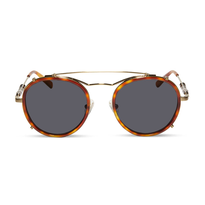star wars x diff eyewear obi-wan round prescription sunglasses with a desert tortoise acetate and gold metal frame with grey prescription lenses front view