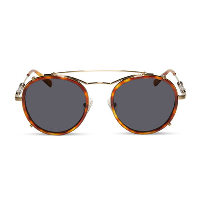 star wars x diff eyewear obi-wan round prescription sunglasses with a desert tortoise acetate and gold metal frame with grey prescription lenses front view