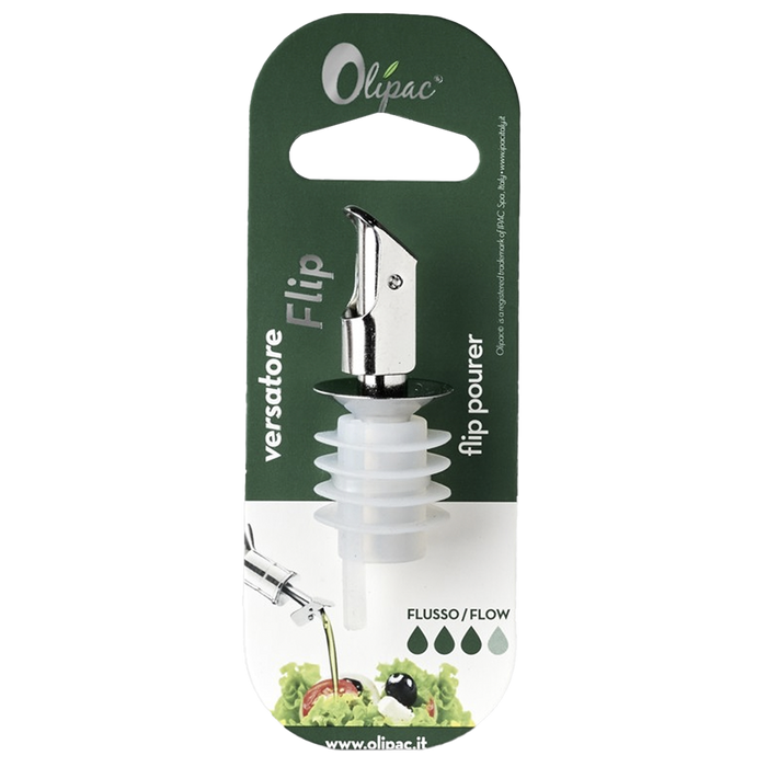 Packaging of Olipac Flip Top Spout with a stainless steel spout, designed for dispensing olive oil or vinegar.