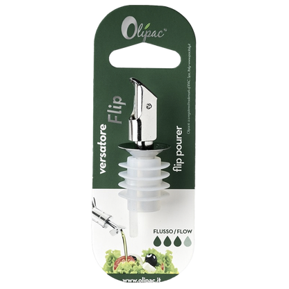 Packaging of Olipac Flip Top Spout with a stainless steel spout, designed for dispensing olive oil or vinegar.