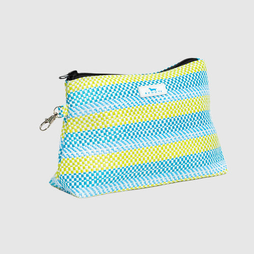 Blue and green striped pouch with a keychain on a light gray background