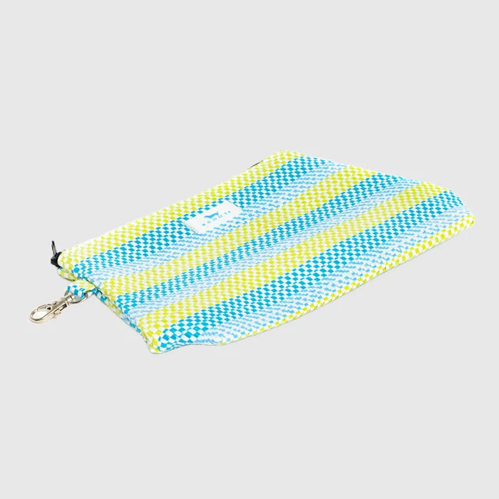 Blue and yellow striped pouch with a zipper on a light gray background