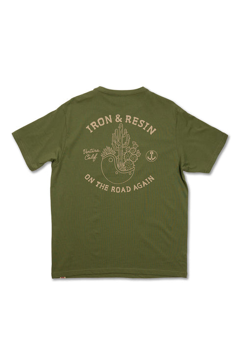 Green T-shirt with "Iron & Resin" and "On the Road Again" text, featuring a cactus and bird design. Ventura, Calif. style.