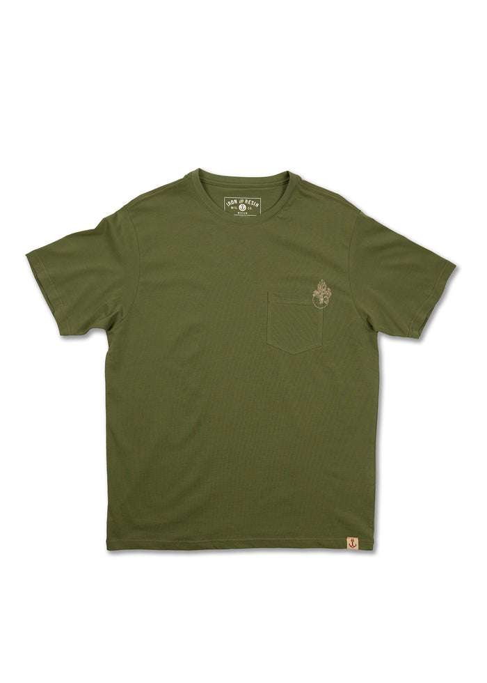 Olive green t-shirt with a small chest pocket and subtle logo embroidery, laid flat on a white background.