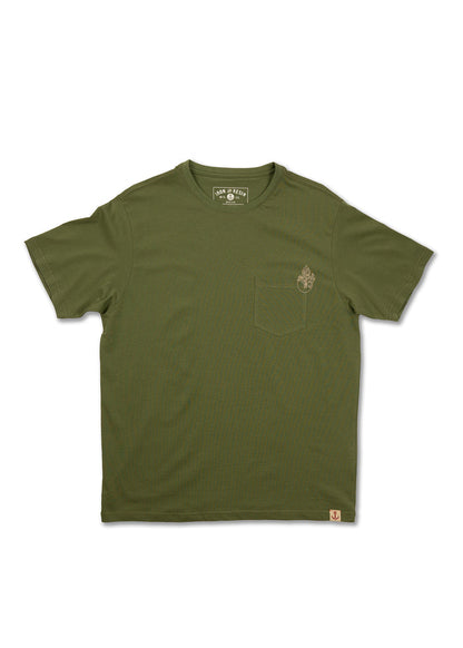 Olive green t-shirt with a small chest pocket and subtle logo embroidery, laid flat on a white background.