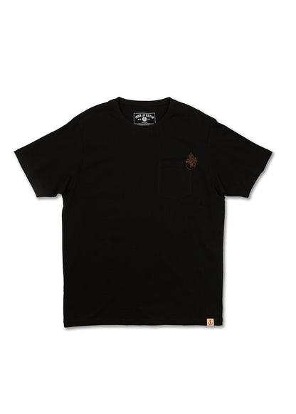Black T-shirt with a small chest pocket and subtle embroidered design near the pocket. Simple and stylish casual wear.
