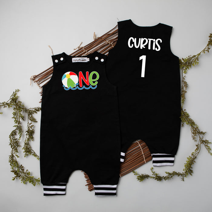 One Beach Ball 1st Birthday Romper with Striped Cuff