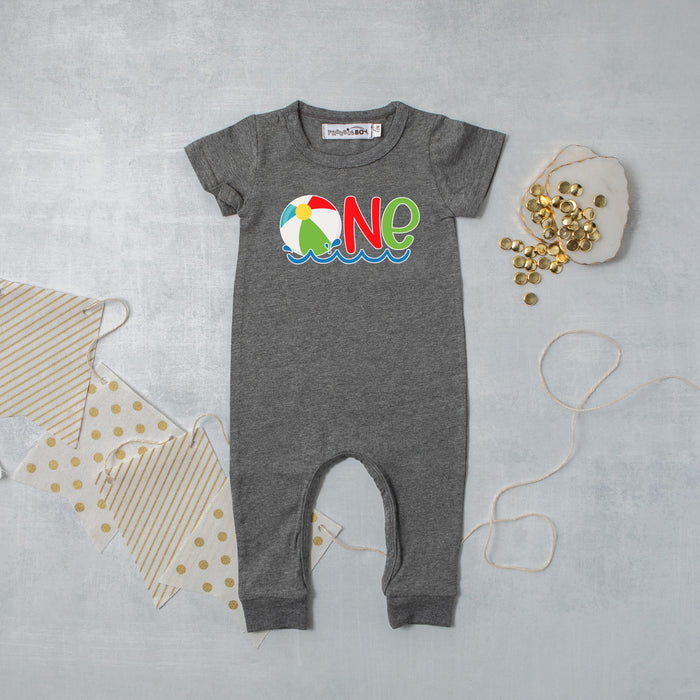 One Beach Ball Slim Fit Short Sleeve First Birthday Romper