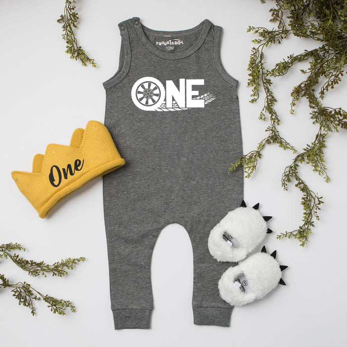 "ONE Tire Tracks" Racecar Theme Slim Fit Sleeveless Romper