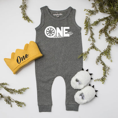 "ONE Tire Tracks" Racecar Theme Slim Fit Sleeveless Romper