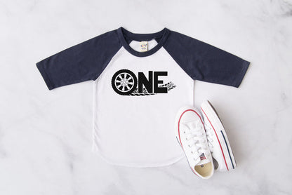 "ONE Tire Tracks" Racecar Themed Personalized 1st Birthday Raglan
