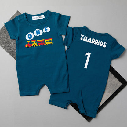 One Train Personalized Shorts Slim Fit Romper for 1st Birthday