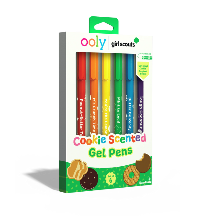 Quarter angle of front of packaging of OOLY x Girl Scouts Cookie Scented Gel Pens