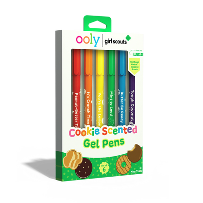 Quarter angle of front of packaging of OOLY x Girl Scouts Cookie Scented Gel Pens