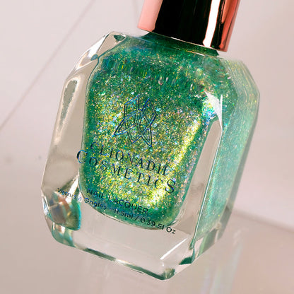 Close-up, angled shot of Ophelia Nail Lacquer bottle on a white background.