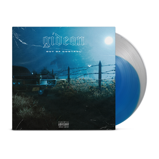 A Clear w/ Neon Blue LP is partially visible behind the Gideon album cover, which shows a car by a barbed wire fence under a full moon. The cover reads Out Of Control.