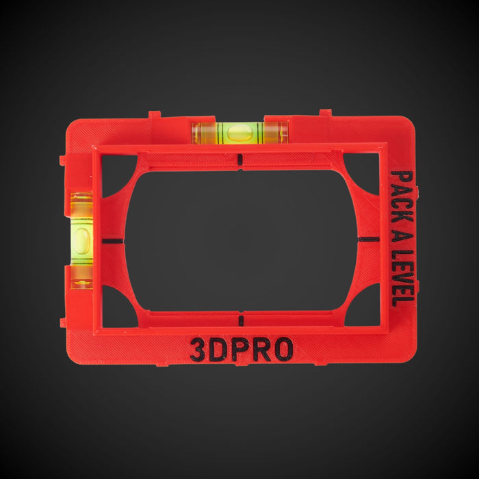 A red Pack A Level tool with inbuilt spirit levels for measuring horizontal and vertical alignment, with the branding '3DPRO' visible.