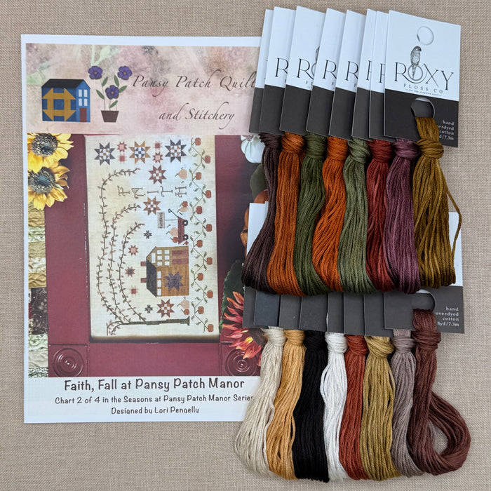 Pansy Patch Quilts and Stitchery - Faith: Fall at Pansy Patch Manor - Cross Stitch Chart and/or Roxy Floss Co Threads
