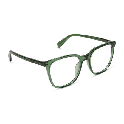 diff eyewear featuring the parker square prescription glasses with a sage green crystal frame angled view