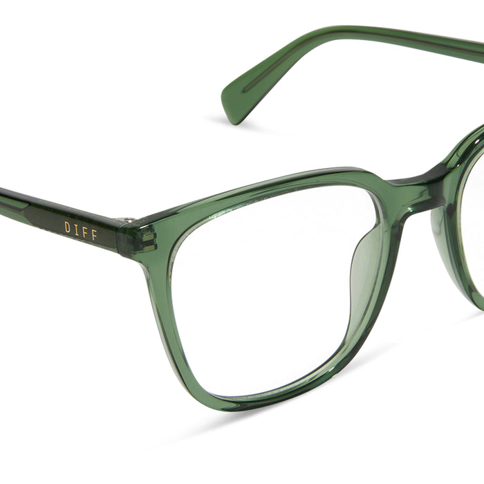 diff eyewear featuring the parker square prescription glasses with a sage green crystal frame detailed view