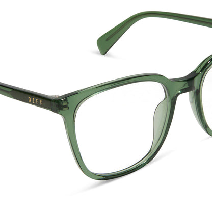 diff eyewear featuring the parker square prescription glasses with a sage green crystal frame detailed view