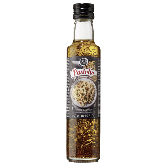 A bottle of Pastolio flavored olive oil with visible suspended particles, indicating a seasoned oil.