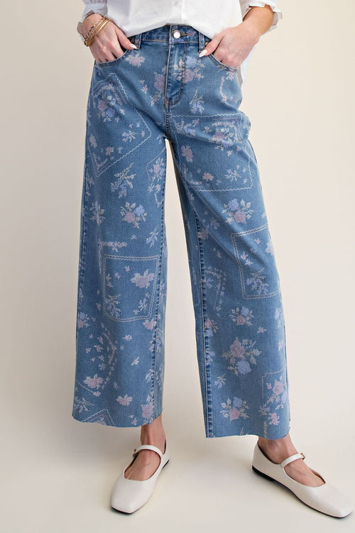 Patchwork Floral Denim Wide Leg Pants - Curvy