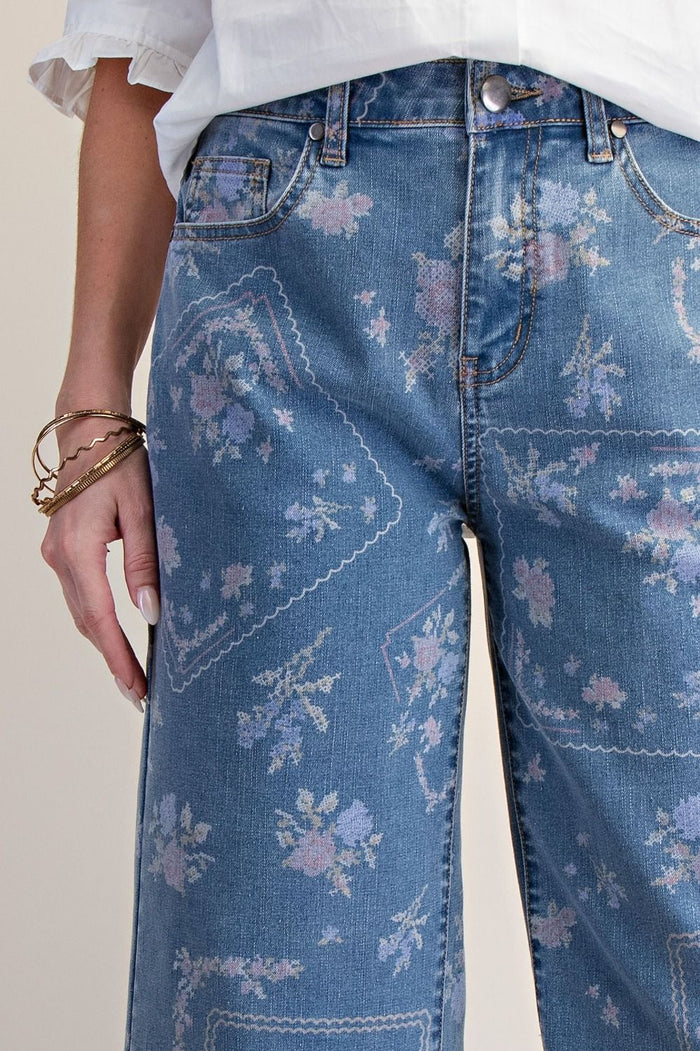Patchwork Floral Denim Wide Leg Pants - Curvy