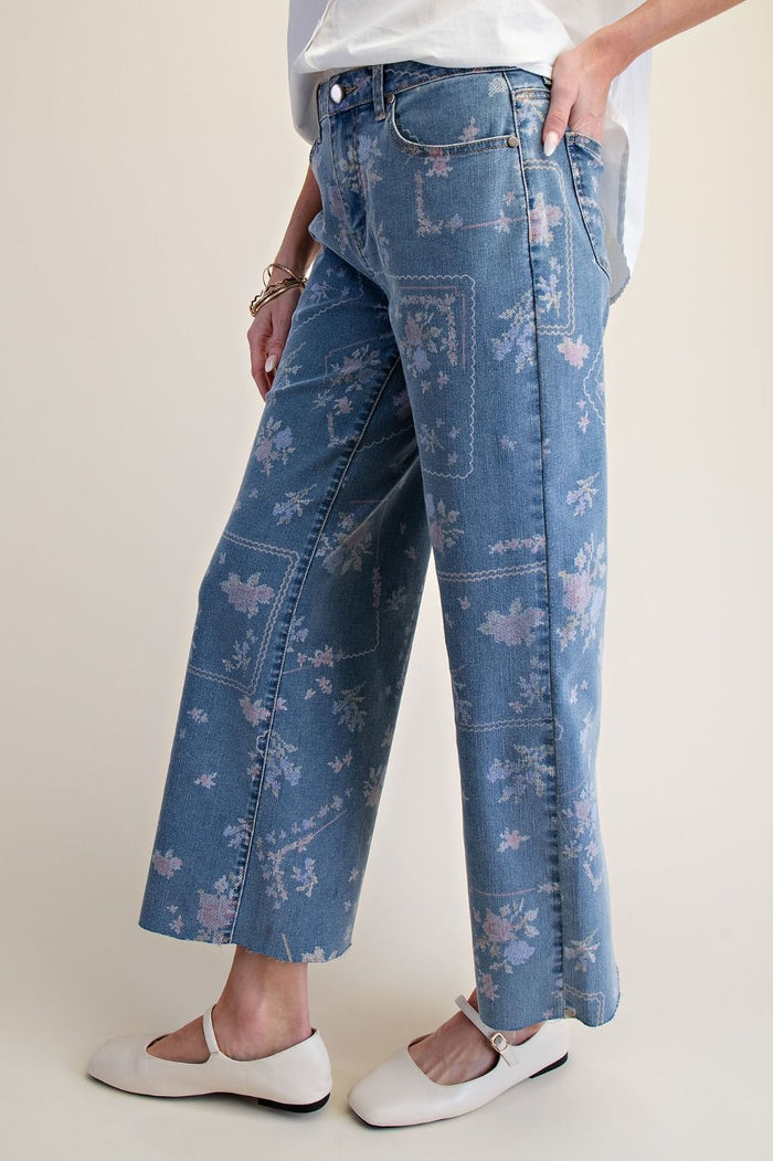 Patchwork Floral Denim Wide Leg Pants - Curvy