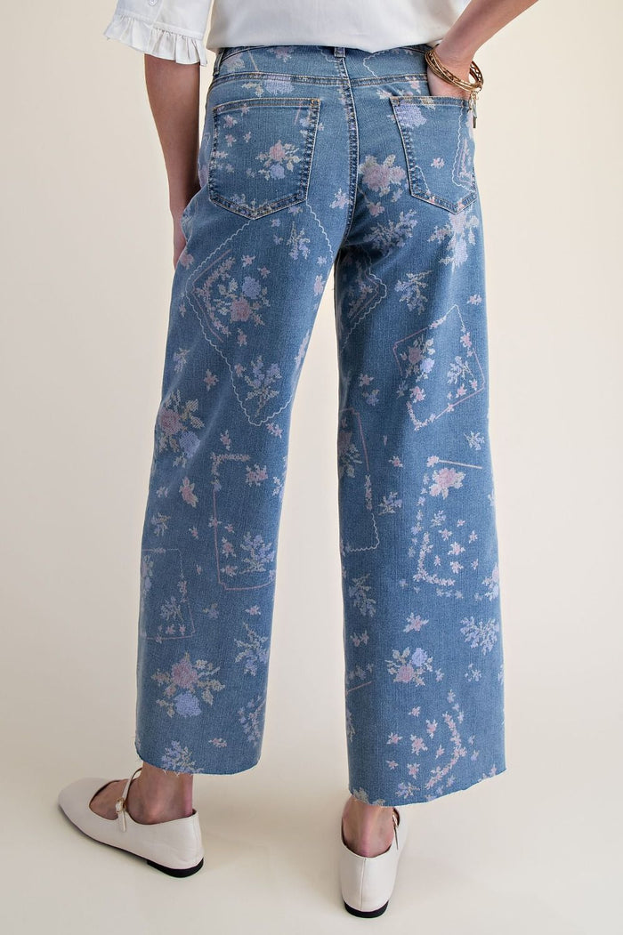 Patchwork Floral Denim Wide Leg Pants - Curvy