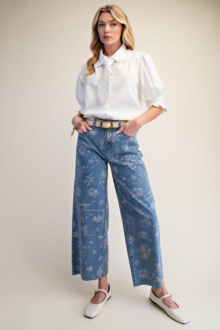 Patchwork Floral Denim Wide Leg Pants - Curvy