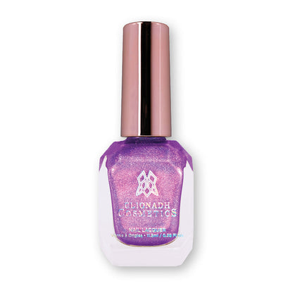 Bottle of nail polish containing P.B. & Holo Nail Lacquer on a white background. A violet linear holographic with violet/pink shimmer.