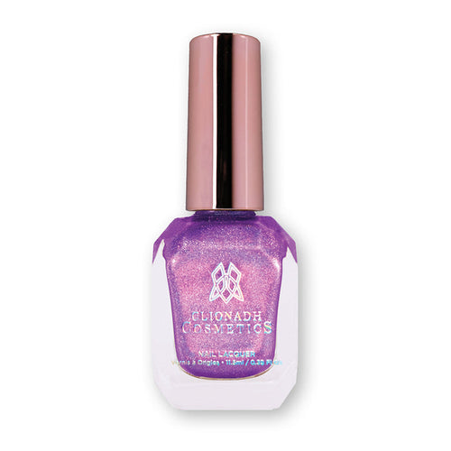 Bottle of nail polish containing P.B. & Holo Nail Lacquer on a white background. A violet linear holographic with violet/pink shimmer.