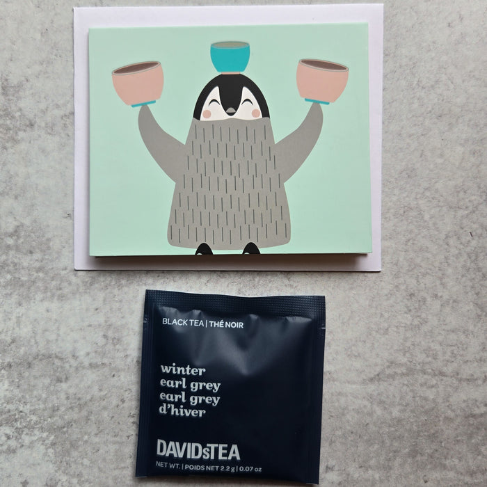 Penguin Balancing Teacups Greeting Card + Tea Bag