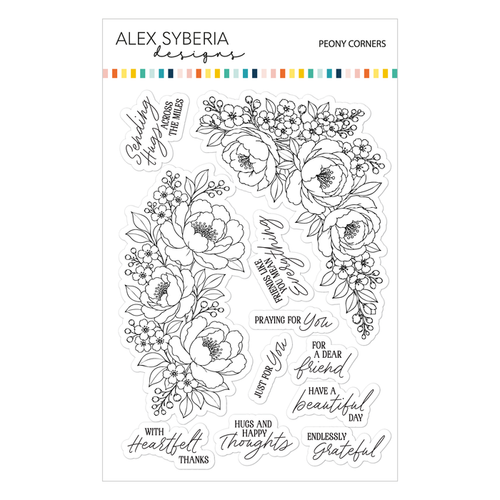 A sheet of clear stamp designs from Alex Syberia Designs, featuring black line-art illustrations of peony flowers and various sentimental phrases on a white background. Alex Syberia Designs