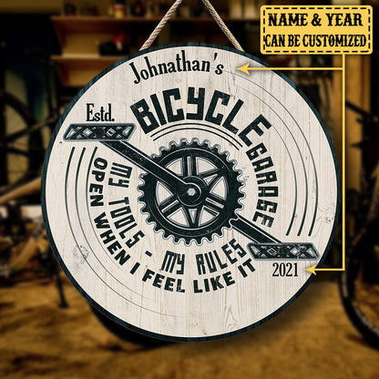 Personalized Bicycle Garage My Tools My Rules Wood Round Sign
