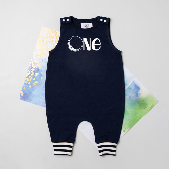 Personalized One Moon Romper with Striped Cuff