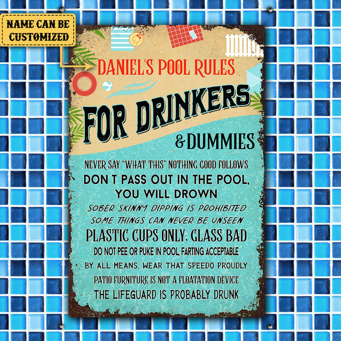 Personalized Pool Rules For Drinkers And Dummies Metal Sign